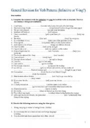 English Worksheet: Verb Patterns (V-ing or Infinitives?) Revision (Intermediate)