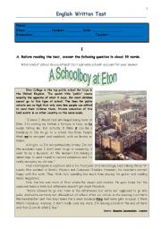 English Worksheet: Test - a schoolboy at Eton 