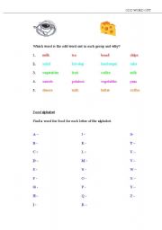 English worksheet: Food Odd Word Out and Alphabet Food