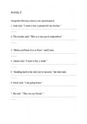 English Worksheet: indirect speech