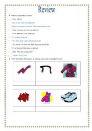 English worksheet: Review- shopping for clothes, pieces of clothing and accessories, patterns, describing people and adjectives