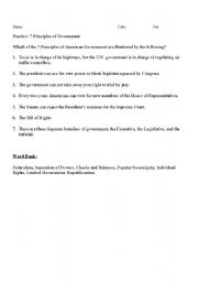 English Worksheet: Seven Principles of the U,S, Constitution Practice