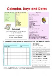English Worksheet: Calendar, Days & Dates Expressions (2 pages)