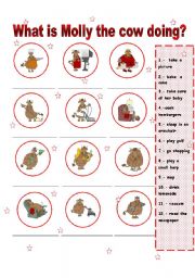 English Worksheet: What is Molly the cow doig? PRESENT CONTINUOUS