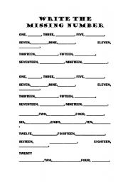 English worksheet: WRITE THE MISSING NUMBER