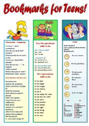 English Worksheet: MY SUPER BOOKMARKS! PART 5  FOR TEENS!!! (EDITABLE!!!) - 1-classroom language, 2-to be yes/no questions and set-expressions, 3-time, 4- possessive case + 2 BLANK BOOKMARKS TO FILL IN WITH WHAT YOU WANT! (2 pages)