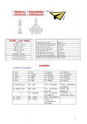 English worksheet: PRONOUNS.VERB TO BE. NUMBERS