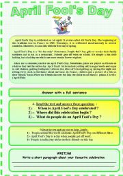 English Worksheet: Reading  :   April Fools Day