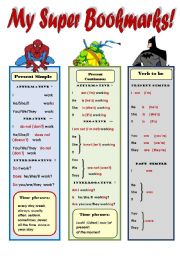 English Worksheet: MY SUPER BOOKMARKS PART 3! _ FUNNY GRAMMAR AND VOCABULARY BOOKMARKS FOR KIDS (2 pages: Present Simple, Presenr Cont., Ordinal numbers 1-1000, present and past forms of to be, common irregular verbs) EDITABLE!!!