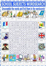 English Worksheet: SCHOOL SUBJECTS - WORDSEARCH