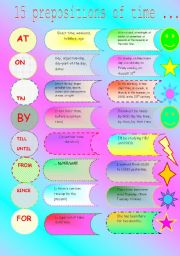 English Worksheet: 15 PREPOSITIONS OF TIME (COLOURED)
