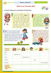 English Worksheet: The 1st 45-minute-lesson (of 2) on the topic Describing People -- Reading Comprehension for Upper Elementary and Lower intermediate students