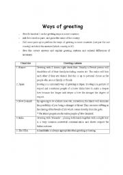English worksheet: Speaking activity - Greetings (part 1)