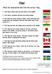 English Worksheet: Flags of colors, shapes and prepositions