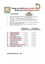 English Worksheet: Things you like/love and things you hate
