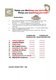 English Worksheet: Things you like/love and things you hate