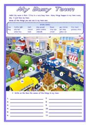 English Worksheet: MY BUSY TOWN    - 3 pages -