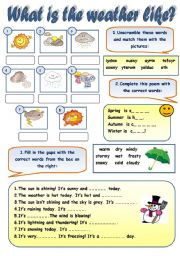 English Worksheet: WHAT IS THE WEATHER LIKE? - weather vocabulary practice for beginners (WITH B&W VERSION!)