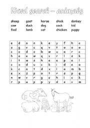English worksheet: animal wordsearch