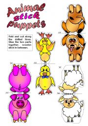 English Worksheet: Animal Stick Puppets (B & W included)