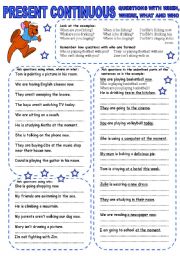 English Worksheet: PRESENT CONTINUOUS (4) QUESTIONS WITH WHEN, WHERE, WHAT AND WHO