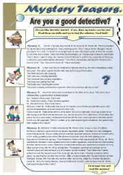 English Worksheet: MYSTERY TEASERS! PART 1 - reading activity - amazing detective brain teasers for you and your students (WITH KEYS)