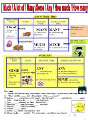 English Worksheet: Much- A lot of- Many- Some - Any - How much - How many