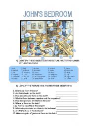 English Worksheet: JOHNS BEDROOM: THERE + BE/ PREPOSITIONS