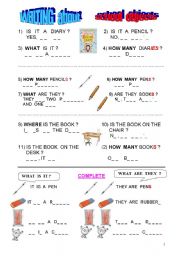 English Worksheet: WRITING  ABOUT SCHOOL OBJECTS