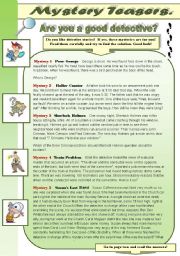 English Worksheet: MYSTERY TEASERS PART 3! -  reading activity -amazing detective brain teasers for you and your students (with keys)