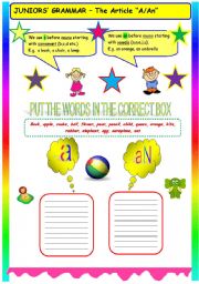 English Worksheet: JUNIORS GRAMMAR - ARTICLES A/AN