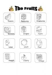 English Worksheet: The fruits, flash-cards to colour