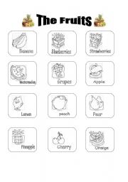 English worksheet: The fruits, flash-cards to colour