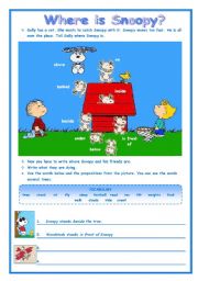 English Worksheet: WHERE IS SNOPPY?  - - 2 pages - -