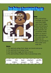 English Worksheet: zoo animal crossword puzzle