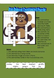 English worksheet: zoo animal crossword puzzle