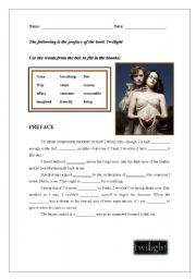 English Worksheet: Twilight :  Book Preface (with answer key)