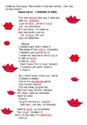 English Worksheet:  Song  I kissed a girl   by Katie Perry
