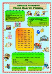 English Worksheet: Present Simple  - Fill in the blanks and Word Search Puzzle