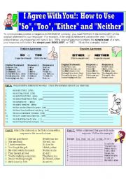 English Worksheet: Pronouns of Agreement:  So, Too, Either and Neither