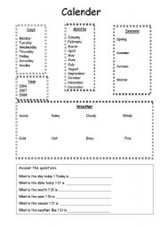 English worksheet: Calender and weather worksheet