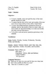 English worksheet: Calendar Lesson plan