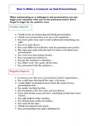 English Worksheet: Speaking - Making Comments 