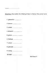 English worksheet: unscramble the following words