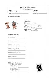 English Worksheet: Worksheet Timt, hours, colours and nationalities