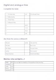 English worksheet: digital and analogue time