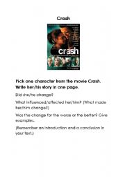 English worksheet: Writing Assignment for the movie Crash