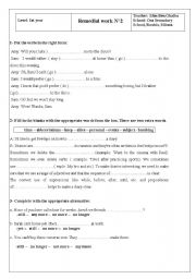 English Worksheet: remedial work for 1st year Tunisian pupils