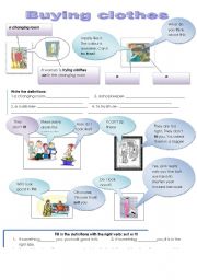 English Worksheet: Buying clothes: Fit, suit, try on, size +dialogues in the shop ELEMENTARY AND PRE- INTERMEDIATE