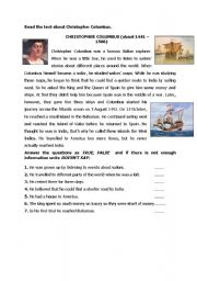 English Worksheet: Chiristooher Columbus reading